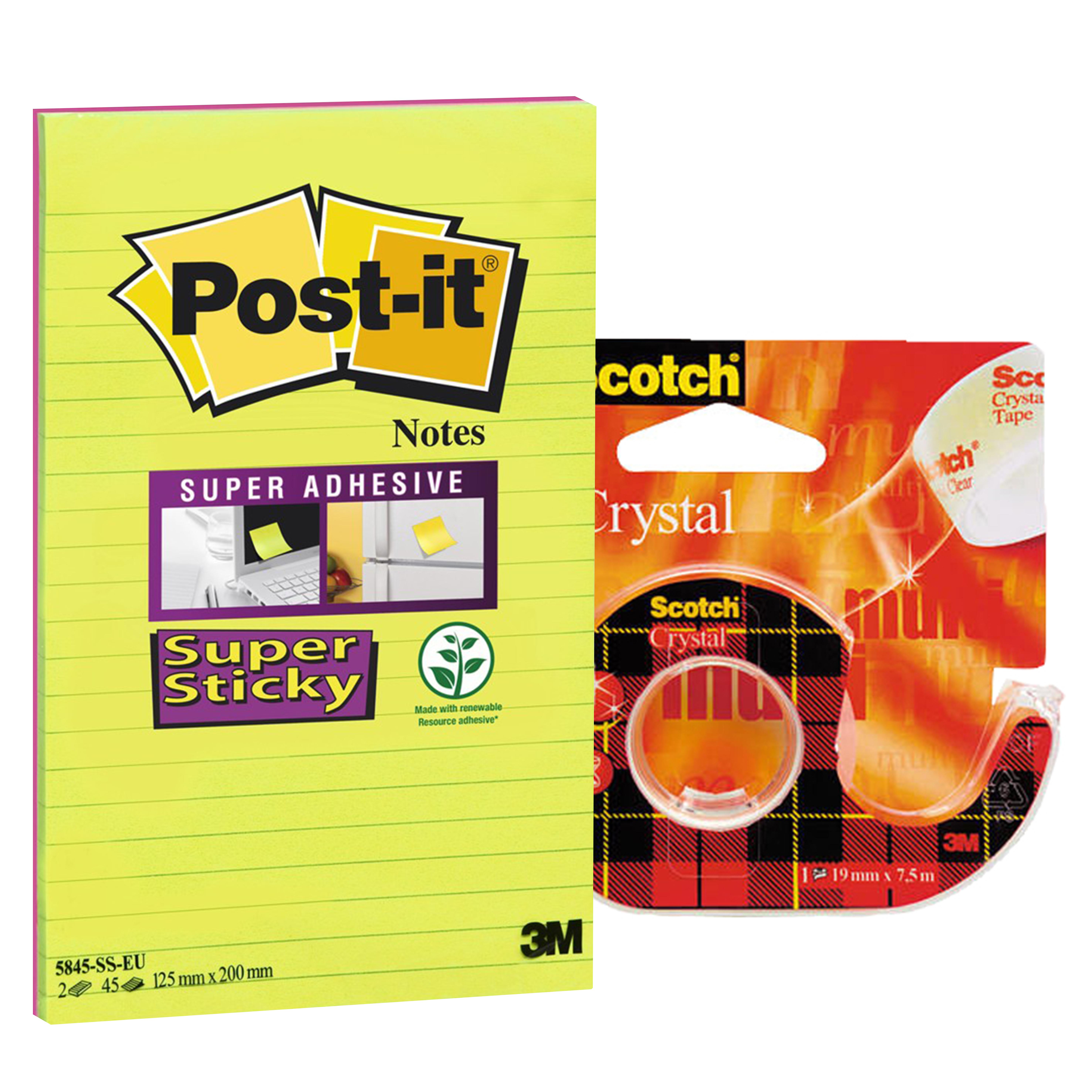 Blok samolepicí Post-it 125 x 200 mm, silně lepicí +  Lepicí páska s odvíječem 19 mm x 7,5 m Crystal SCOTCH