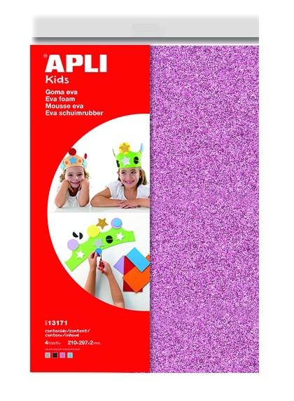 Pěnovka APLI 210x297x2 mm se třpytkami mix barev/4 listy (růžová)